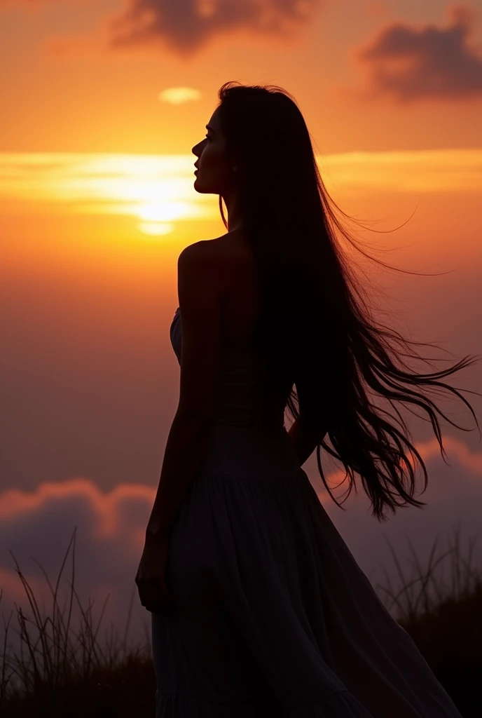 A long haired woman capture in a shilouete