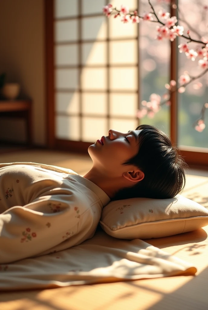 Japanese man lying on the mattress