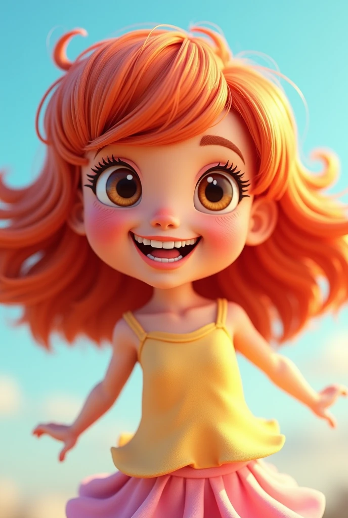 smiling redhead with bangs, cute 3d cartoon style no background in photo