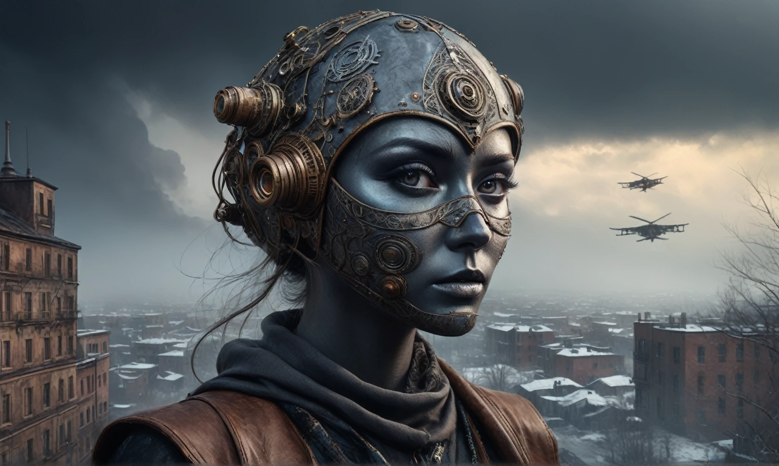 insane pilot from USSR , camouflage Rusty, after a psychiatric clinic,winter,intricate landscape,slate grey atmosphere,film grain,faded,eyes extremely detailed,another world,view from height,once pretty face,eyebrow up,full body shot,ominous landscape, Simon Stalenhag,Nicola Samori,full body shot,beggar paladium The Alien Entity,Technicolor,natural skin textures, hyper realism, hyper detailed,Extremely detailed,High contrast,Masterpiece,Realistic,Ultra Detailed, intricate details,realistic humid leather,extremly intricate,Epic Realistic, cinematic style,irina yermolova,high contrast,hdr,extremely detailed, deep night landscape,masterpiece,intricate details,faded,eyes extremely detailed, high detailed eyes,8k resolution,RAW,retina, Nikon Z9,China,tkt style, transition between two art styles, Ink painting to photorealism, Double contact, X-ray, Creative, vivid light, masterpiece, fantasy, Abstract Surrealism, super detailed, high resolution, stop:35;Her skin is pale, almost translucent,ancient rock,a hot air soars through the layers of clouds, revealing a colossal and enigmatic cityscape nestled within. The buildings in this ethereal city are adorned with intricate details and exude an aura of mystery. Above the cityscape, lend an enchanting touch to the scene. steampunk. The intricate mechanics create a sense of wonder and fascination, as if stepping into a dreamlike realism,Marta Bevacqua, A sorceress wearing a mystical mask adorned with glowing runes and ancient symbols. magical energy through the mask, surrounded by swirling arcane forces that bend to her will