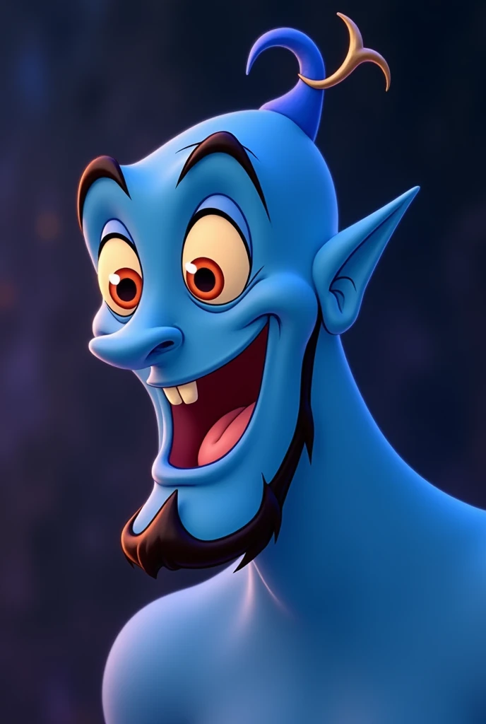 Close-up of Genie the Lamp Fairy from the Disney film Aladdin. Jeanie the Lamp Fairy faces many adventures as Aladdin's master. Genie's expression is curious, super energetic and good at telling jokes. She is a friendly lamp fairy who always makes everyone around her feel at ease. He begs for freedom to escape from the lamp where he belongs. Jeannie is a big, macho man with a blue body. He specialises in the ability to transform into anything. He inhabits a lamp and when he rubs it, smoke comes out of the lamp's mouth. His mouth is supposed to be wide open, reflecting the surreal world of the desert kingdom of Agrabah. The jolly lamp fairies Jeannie, Aladdin and the Wizard. The lighting is soft yet dramatic.