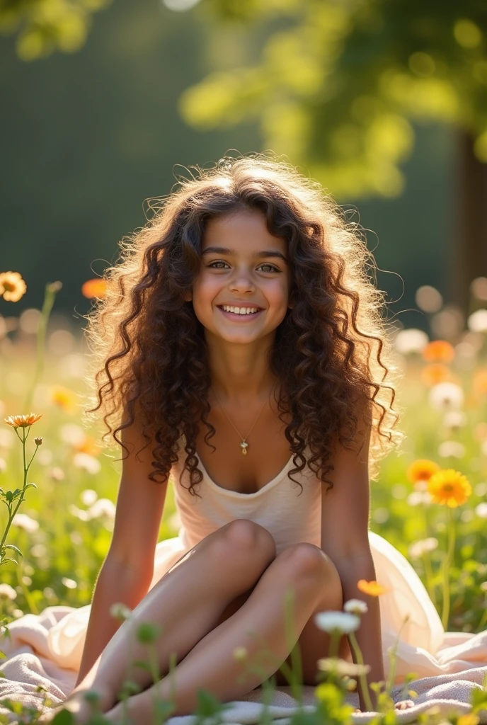 A brunette girl with curly hair and big breasts sits with her legs stretched out, taking a realistic photo
