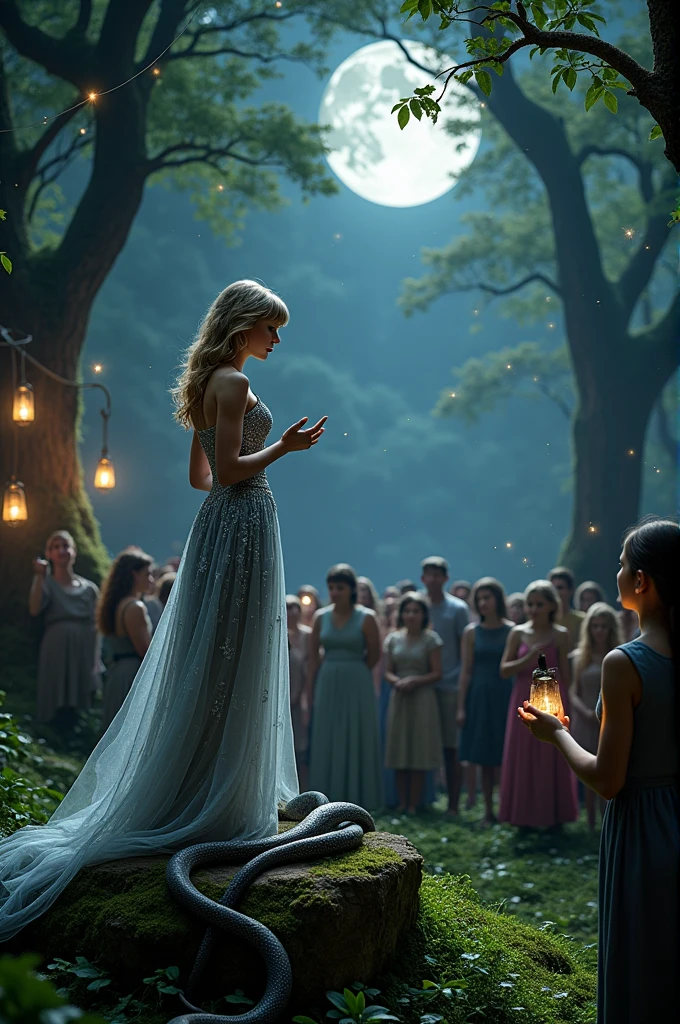 Taylor Swift singing to a snake and people in the middle of the night