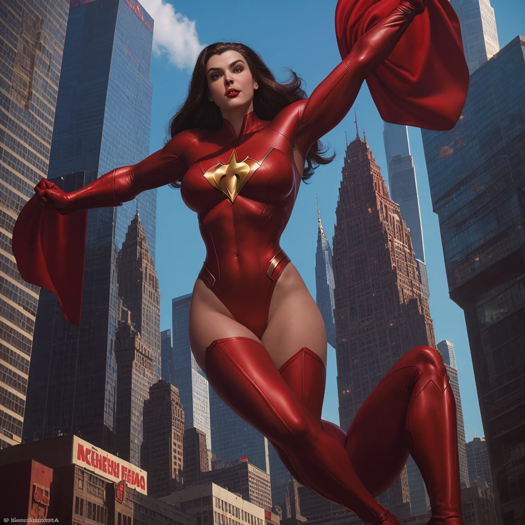 John Busema (John Buscema) Best Style ,A powerful female superhero wearing red, In the sky of a bustling metropolis，She is beautiful and sexy，Overlooking everything(whole body) Cinematic, Ultra Detailed, 16k resolution):