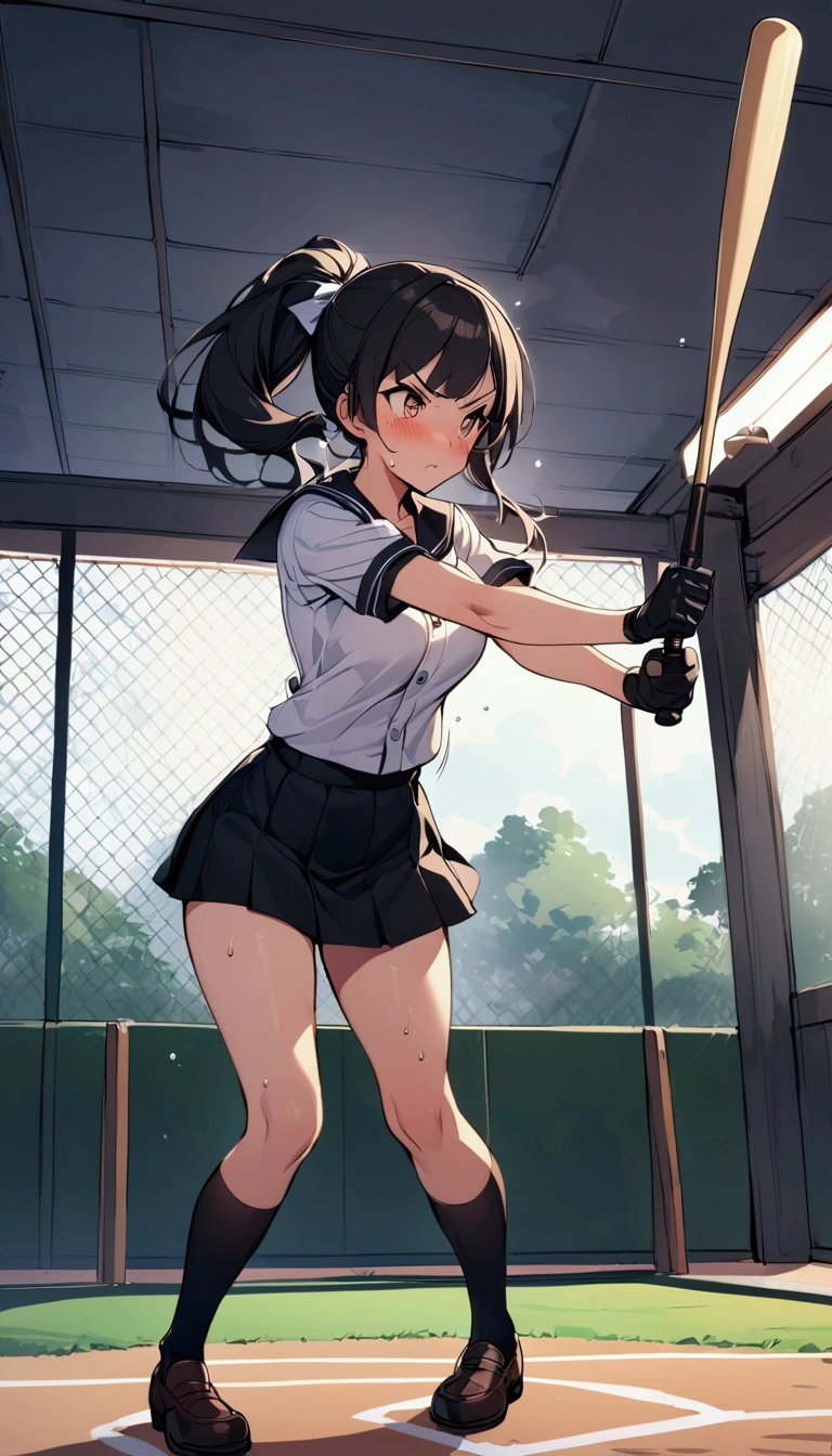 Animated image of a player swinging a baseball bat at a ball,{{action}},JK,1girl, solo, {{swing a baseball bat:1.8}},Baseball bat,swing,twist,{{masterpiece}}, {{{Highest quality}}},{{Very detailed}},full body, dutch angle,Dynamic composition, A high school girl is swinging and missing at a batting cage,school uniform,mini skirt,Short sleeve blouse clavicle Knee-high socks Speed Line Motion Lines ,Batting Center,Bat,Sweat,Bad mood, be flustered,,{{v-shaped eyebrows}},Bad mood,blush,Sweat,raise one's eyebrows ,Black Hair,batting glove ,loafers,Indoor batting center,sidelong glance,Black Skirt,Long Hair,ponytail