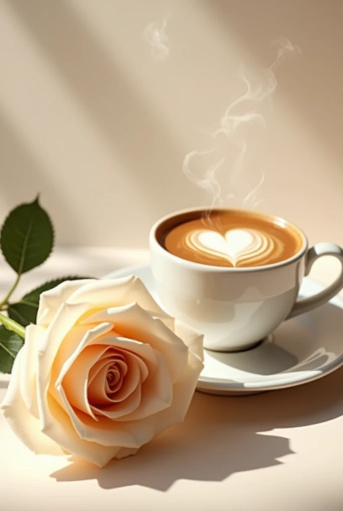a cup of coffee with a heart on top and a rose in 2d cream colors