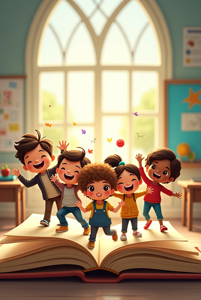 Cover of the subject: socio-educational diagnosis. Children coming out of a book in a classroom.