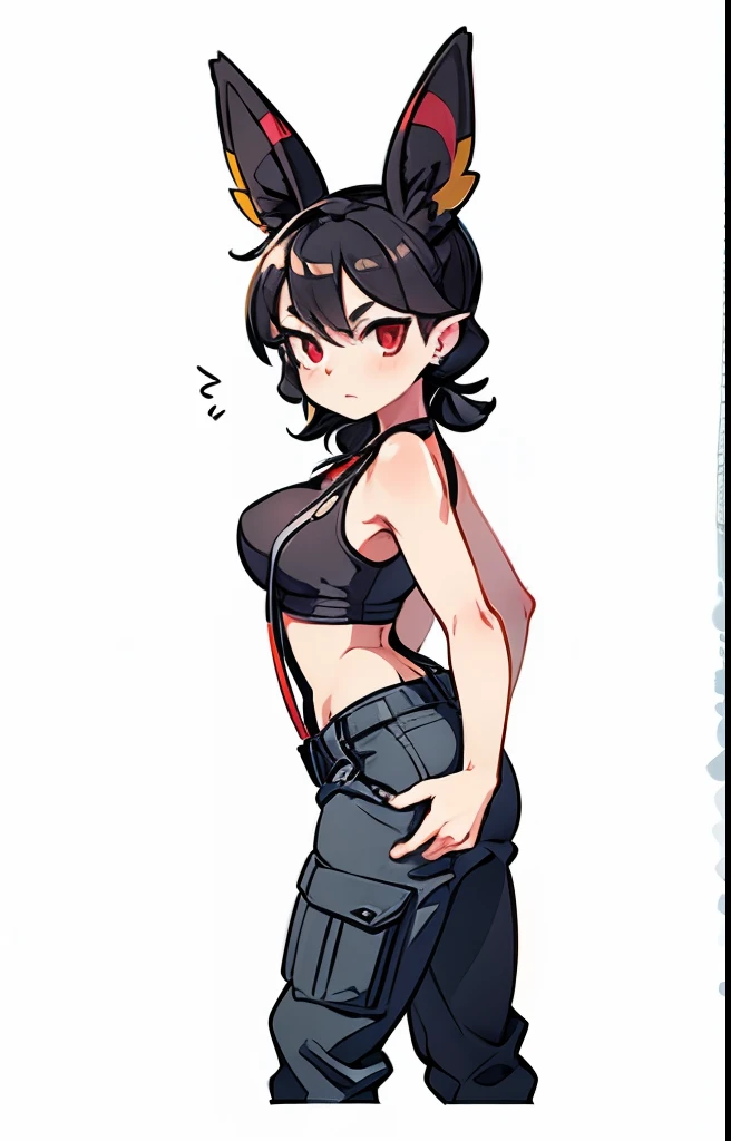 A woman wearing an open black leather jacket, Underneath she wears a pink sleeveless top that reaches below her breasts. He also wears black cargo pants with yellow suspenders hanging on the sides.. has a big butt, slim waist, red eyes, Umbreon ears and medium breasts.