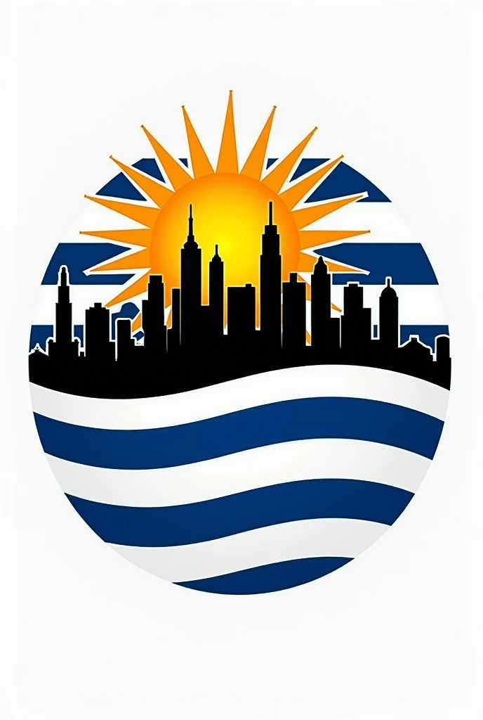 Create an image that is circular with a sun from the Uruguayan flag, a background with blue and white stripes with a city behind that says garra charrua, the part of the city that is shaped like buildings in black charrua RP IN CAPITAL LETTERS AND TAKE OUT GARRA so that the images are in a circle 