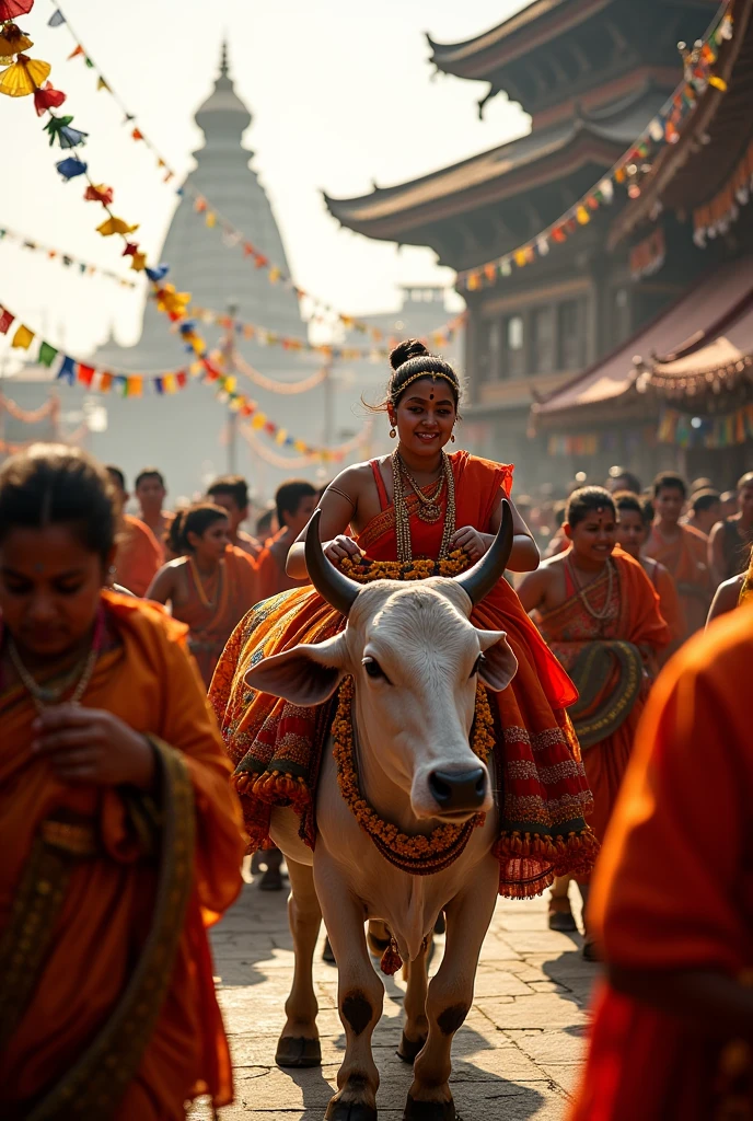Gai jatra festival / hyper realistic/golden hour/ cow/ kathmandu darbar square /celebrating jatra
