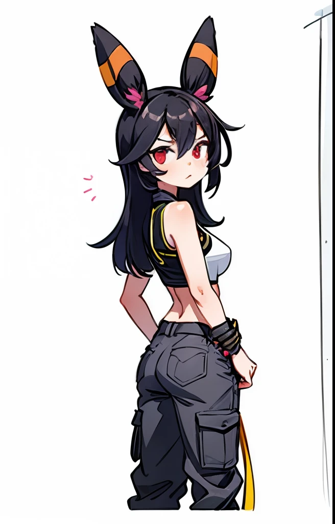 A woman wearing an open black leather jacket, Underneath she wears a pink sleeveless top that reaches below her breasts. He also wears black cargo pants with yellow suspenders hanging on the sides.. has a big butt, slim waist, red eyes, Umbreon ears and medium breasts.