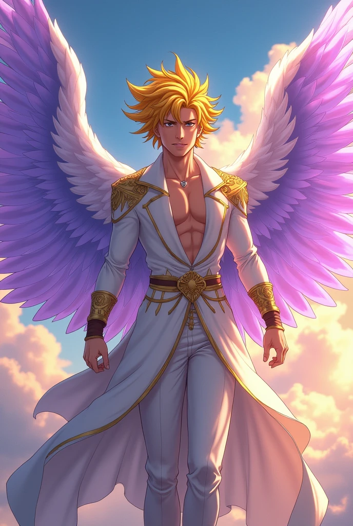 Male character from boku no hero with purple wings, yellow hair with brown, and angel clothes