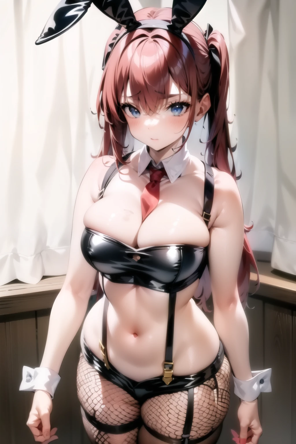 best quality, intricate details, 1girl, long hair, red hair, messy hair, red highlights, blue eyes, sharp eyes, choker, hakos baelz, playboy bunny, crop top, suspender shorts, detached collar,