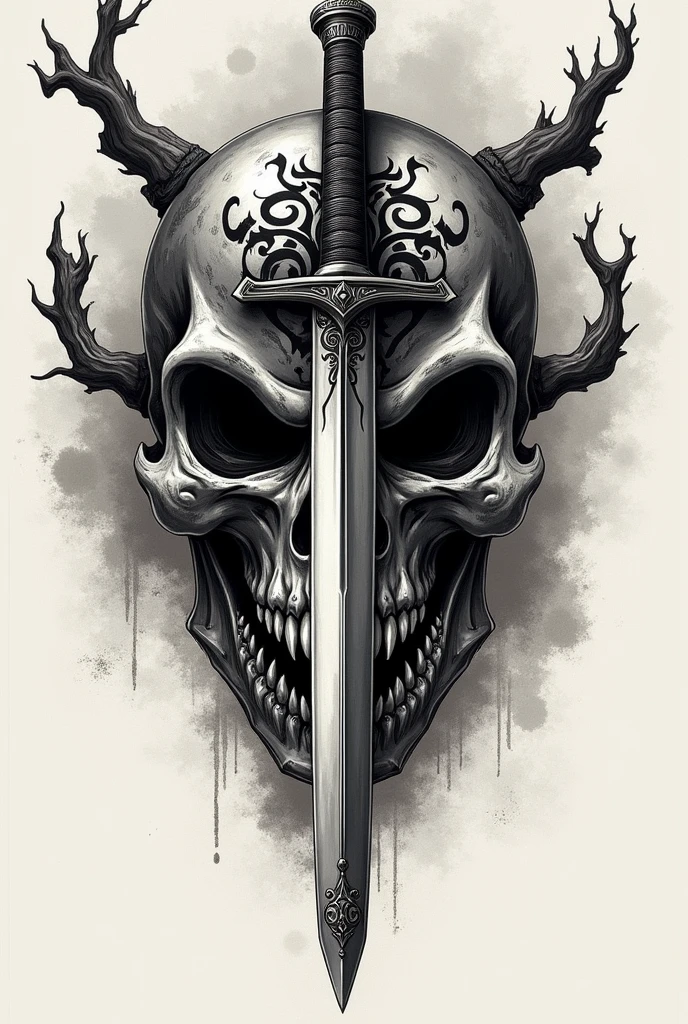 Realistic skull, hand drawing style, art trend, black and white, on paper, Royal art background, Celtic background, ultra HD, with weapon, with nice soul