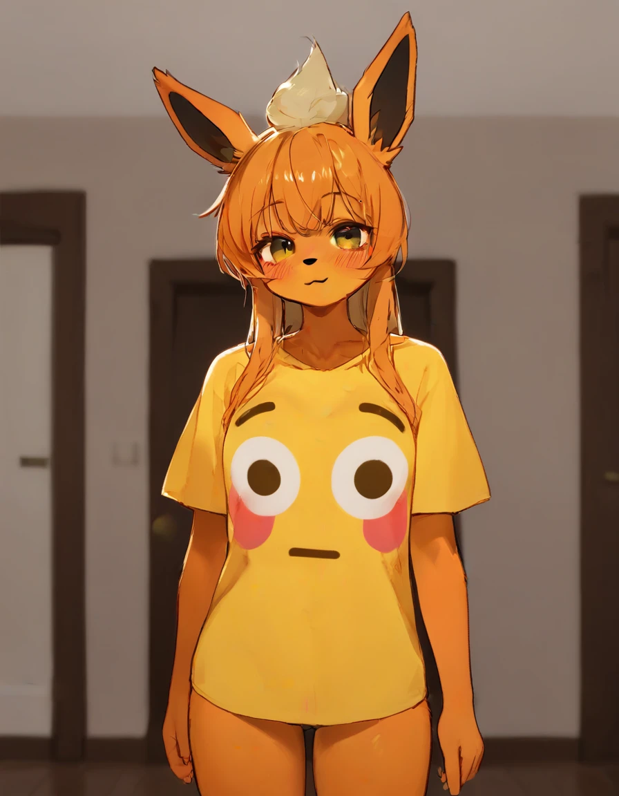 alone, score_9,score_8_up,score_7_up, anthro female flareon, standing, flushed_emoji_shirt, simple background, t-shirt, indoors.