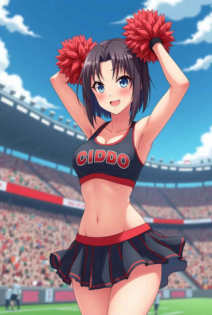 Anime Style。Cheerleading with pom-poms in a stadium full of spectators。
While jumping, her skirt flipped up, showing her pussy,pussy,まんこ
Sweating under my arms、Steamy。
Big breasts and visible belly。
It's easy to tell that you're sweating,tits,pussy,Shaved pussy,Nipples