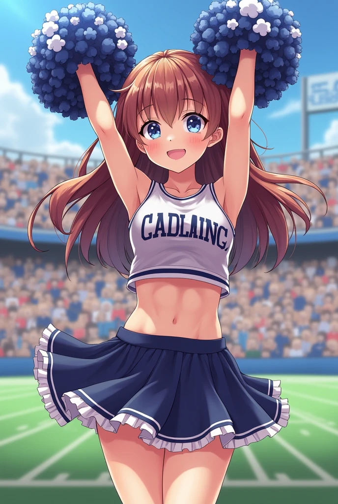Anime Style。Cheerleading with pom-poms in a stadium full of spectators。
While jumping, her skirt flipped up, showing her pussy,pussy,まんこ
Sweating under my arms、Steamy。
Big breasts and visible belly。
It's easy to tell that you're sweating,tits,pussy,Shaved pussy,Nipples