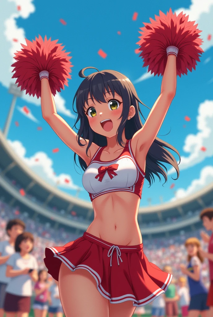 Anime Style。Cheerleading with pom-poms in a stadium full of spectators。

While jumping, her skirt flipped up, showing her pussy,pussy,まんこ

Sweating under my arms、Steamy。

Big breasts and visible belly。

It&#39;s easy to tell that you&#39;re sweating,tits,pussy,Shaved pussy,Nipples