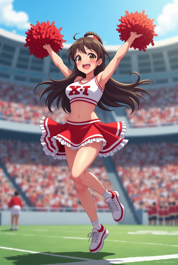 Anime Style。Cheerleading with pom-poms in a stadium full of spectators。

While jumping, her skirt flipped up, showing her pussy,pussy,まんこ

Sweating under my arms、Steamy。

Big breasts and visible belly。

It&#39;s easy to tell that you&#39;re sweating,tits,pussy,Shaved pussy,Nipples