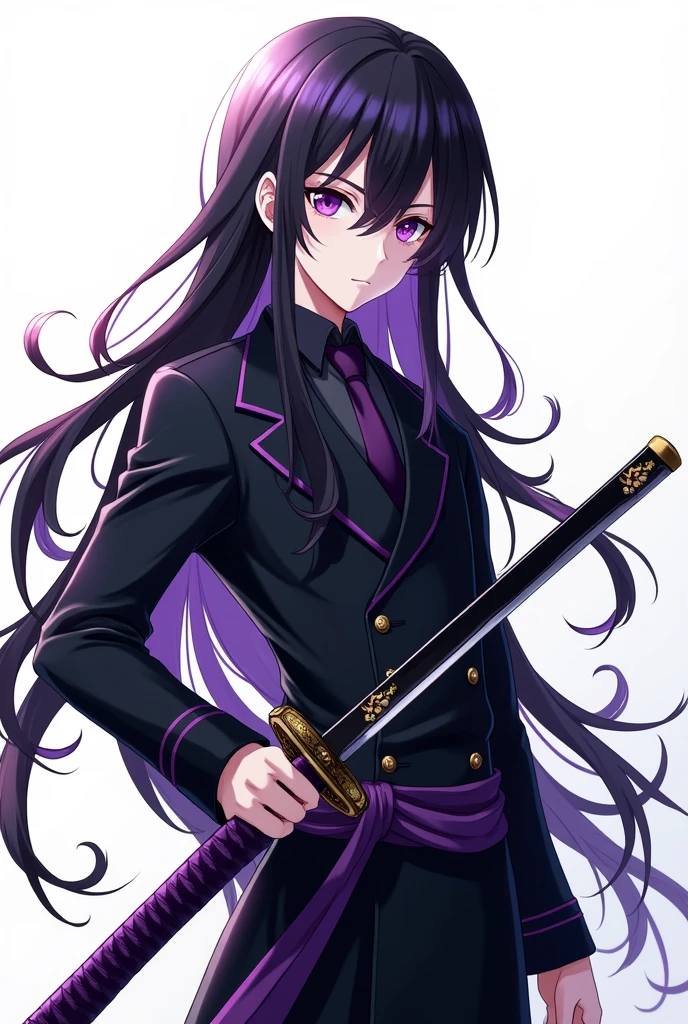 Anime. Pale-skinned boy, long black hair with purple highlights, purple eyes, serious look, black clothes with purple details, with a katana, icon, white background.