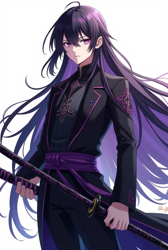 Anime. Pale-skinned boy, long black hair with purple highlights, purple eyes, serious look, black clothes with purple details, with a katana, icon, white background.