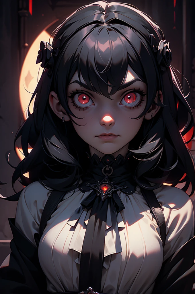 Gothic,Horror,One person,Glowing Eyes,Kubrick's Viewpoint,Full body portrait、standing in a dark bedroom、High heels