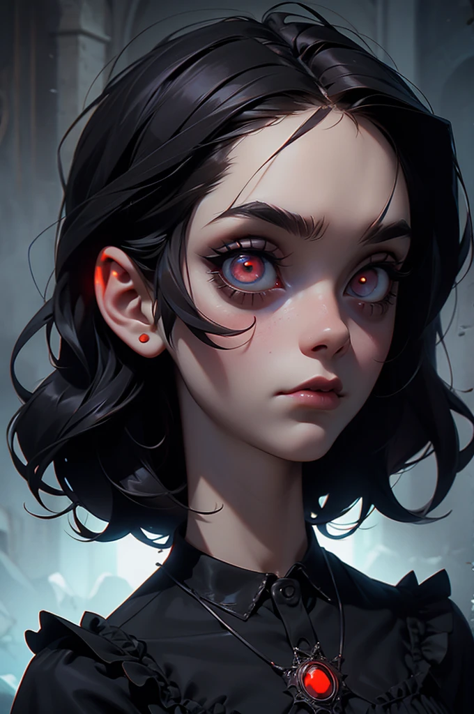 Gothic,Horror,One person,Glowing Eyes,Kubrick's Viewpoint,Full body portrait、standing in a dark bedroom、High heels