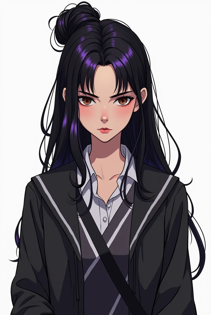 20 year old western college woman serious with dark expression and sexy frown she has long and very dark hair, with a few purple highlights she has a loose bun. Eyes in a dark brown shade, wear clothes in neutral colors, usually makes a play with black and gray and white details, It has a kind of dark academia style, with visible neckline, no back ground, graphic novel art style