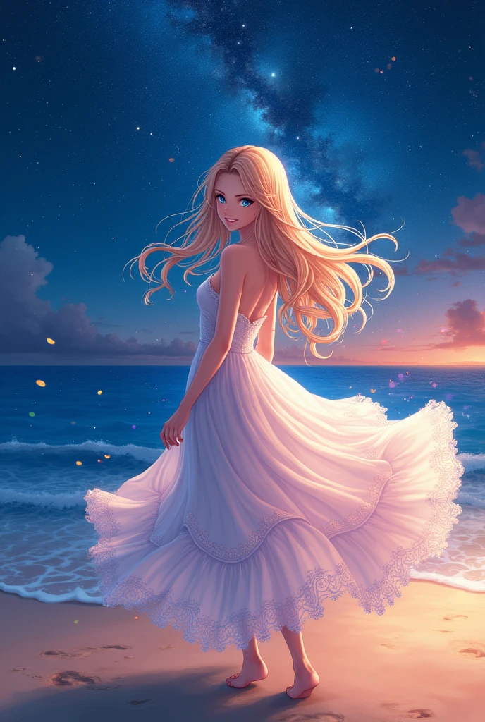 (masterpiece、Highest quality、8k、High resolution)、(The best beautiful girl)、Best Style、(The most beautiful face)、Clear skin、Clean blue eyes、Beautiful lips、Beautiful nose、Blonde Hair、Ample breasts、Walking on the sand、look back、Ocean、You can see the forest、A bright night with stars visible、Beautiful starry sky、milky way、(体whole bodyから神秘的な光の粒子、Colorful Light)、The face looks beautiful、(jewelry、necklace)、dress、(whole body)、Highly detailed anime art、A complete portrayal、