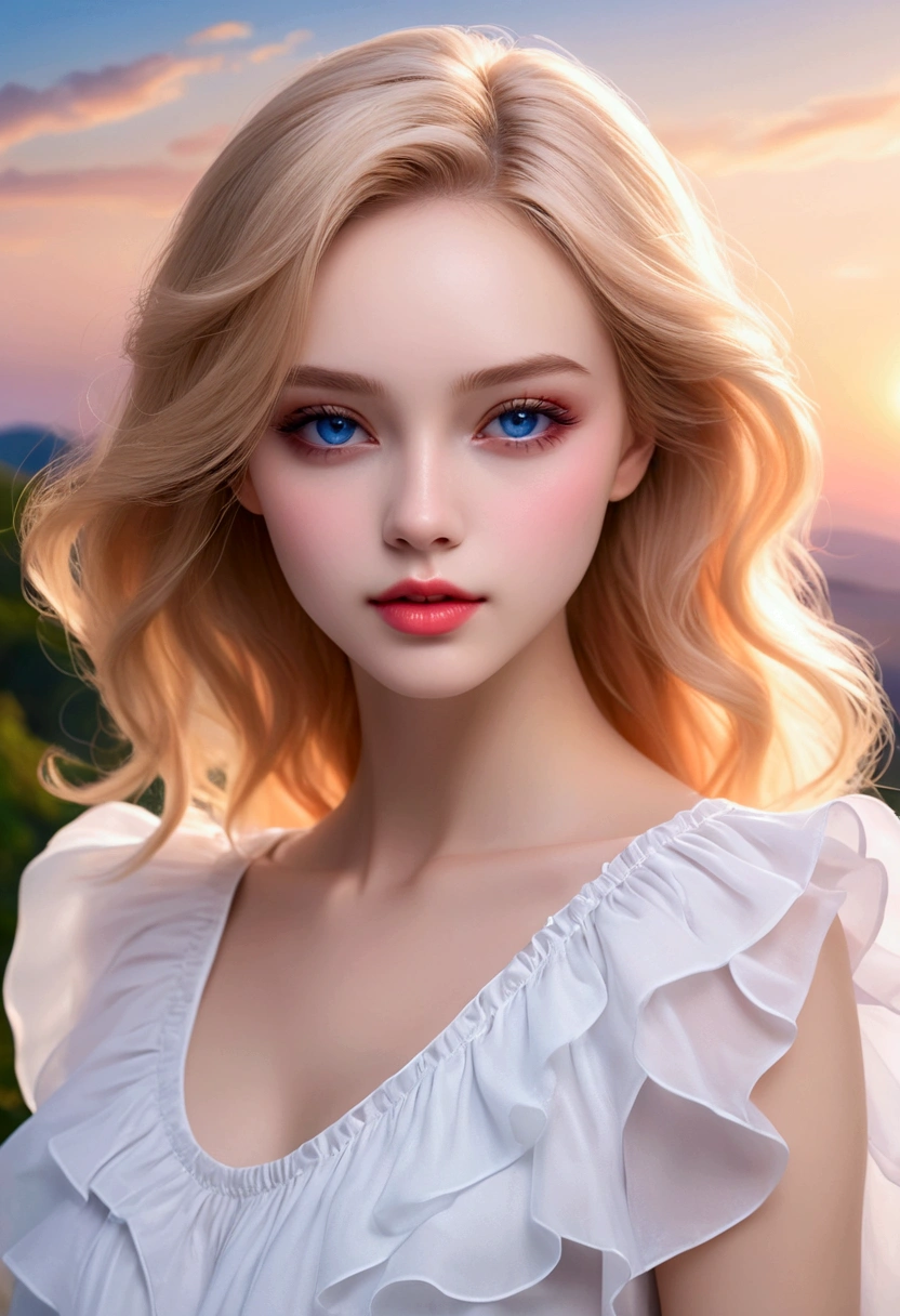 Realistic texture, vivid silhouette, (Shiny layered wide frill blouse, Off-Solder Pure White Blouse), A woman with a beautiful face, with glossy pale skin and blue eyes._Orange color makeup, Glossy pink lips, soft starlight, Dance with a dreamy expression as if you are dreaming. (Long blonde hair flowing down her forehead, Full head of hair, Shiny hair), Camera angle capturing the upper body above the hips, clear resolution, Clear picture quality, realistic atmosphere, Bright Themes, 초realistic atmosphere, (vivid silhouette, masterpiece, best quality), Blurry nature background.