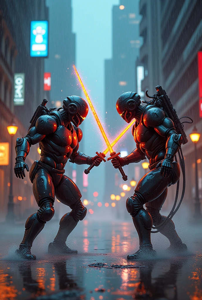 *"In a rain-soaked, neon-lit alley of a sprawling cyberpunk metropolis, two cyborg warriors engage in a fierce, high-stakes duel. The scene is charged with tension as the warriors, half-man and half-machine, clash in a violent battle of skill and power. Their bodies are a seamless fusion of flesh and advanced cybernetics—glowing circuits pulse beneath their skin, metallic limbs move with fluid precision, and their faces are marked by both human determination and cold, mechanical focus. Each wields a futuristic sword, the blades humming with lethal energy, casting an eerie glow in the dim light. Sparks fly as the swords meet, the clash reverberating through the narrow alley.

The environment is dripping with cyberpunk atmosphere: towering skyscrapers loom in the background, their windows flickering with holographic advertisements; steam rises from grates in the ground; and the rain, illuminated by the neon lights, creates a shimmering, otherworldly effect. The sky above is dark and stormy, reflecting the intensity of the duel below. The characters are drenched in rain, their wet skin and metallic components glistening under the city lights. The camera captures every detail—their strained expressions, the intricate design of their cybernetic enhancements, and the chaotic, gritty world around them. This is a high-octane, dramatic scene, full of tension and realism, as if pulled directly from a blockbuster cyberpunk film."*