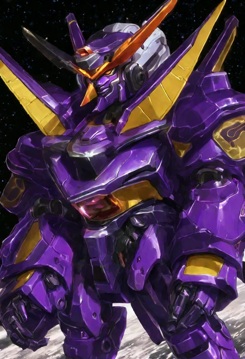 a violet gundam robot, some Samurai styling, staring up, camera is low looking up, lunar surface, raging battle in space