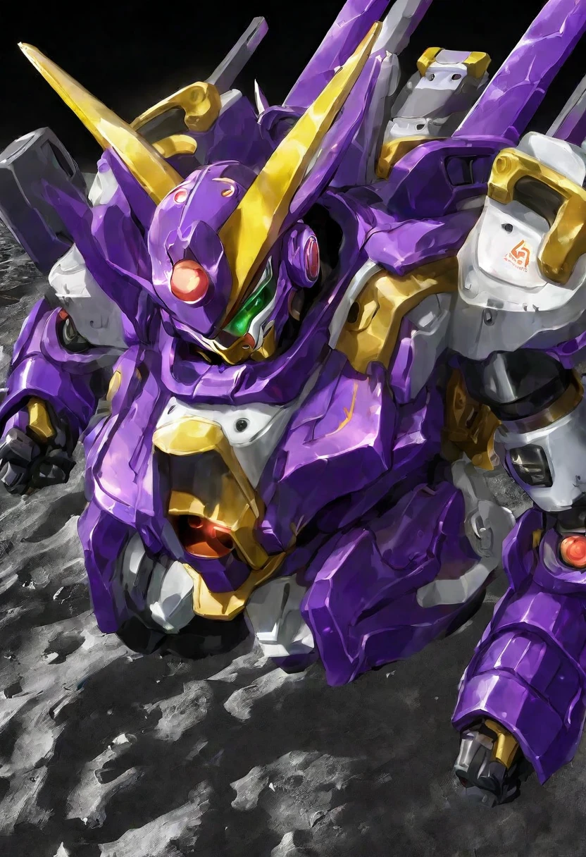 a violet gundam robot, some Samurai styling, staring up, camera is low looking up, lunar surface, raging battle in space