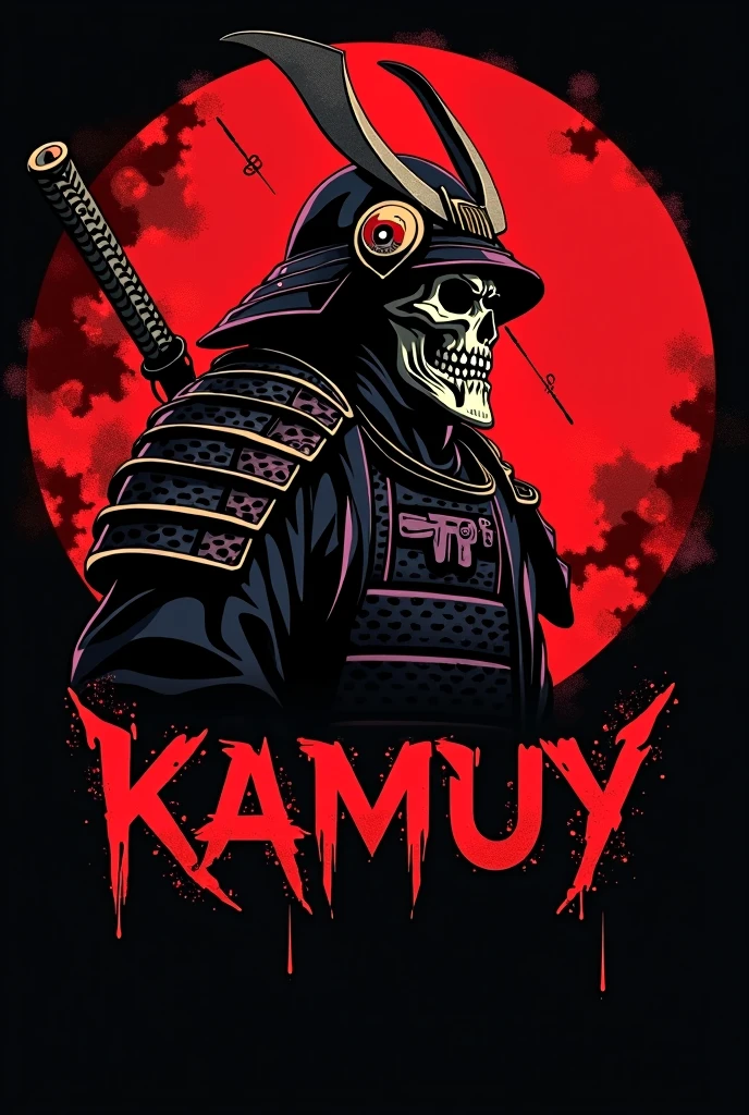 create a logo image for a guild, with a Japanese samurai with a skull face, red colors and black background and with the word KAMUY