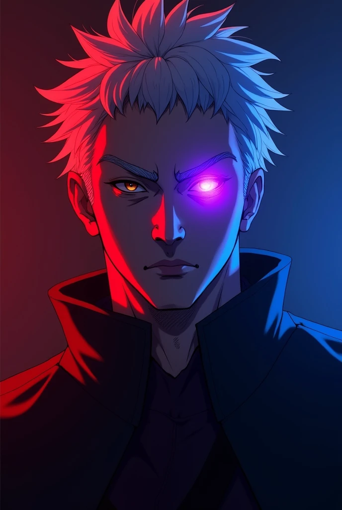 look for an image of the character Saturau Gojo from the anime Jujutsu Kaisen, where only his face is visible and where there is a red light on the left side, In the middle a purple light and to the right a blue light