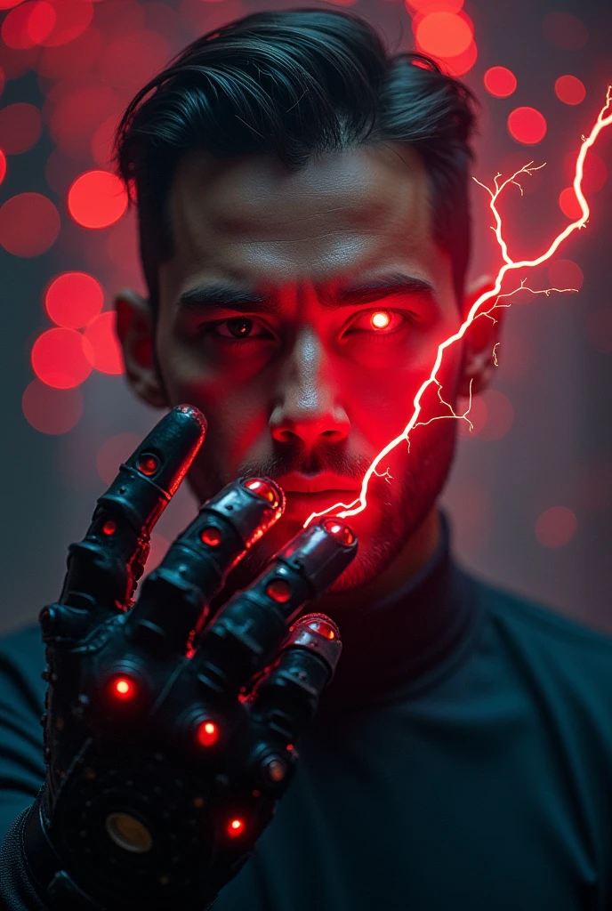 A man with a biomechanical hand,A red eye radiating lightning, A background composed of futuristic shining lights, detailed, atmosphere, Astonishing, Rich colors, complex, elegant, Movie, Dynamic, Rich dark color, Beautiful and perfect, Clear focus, Creative, great composition, Energetic, Aesthetic, Highly diversified, amazing, Winning, beautiful, beautiful, professional, the best, Fair, artistic