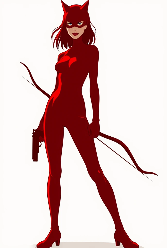 A silhouette of a  girl wearing red Catwoman suit, no head gear. Wearing red mascaraed mask. Holding a small gun and bow. Plain background 