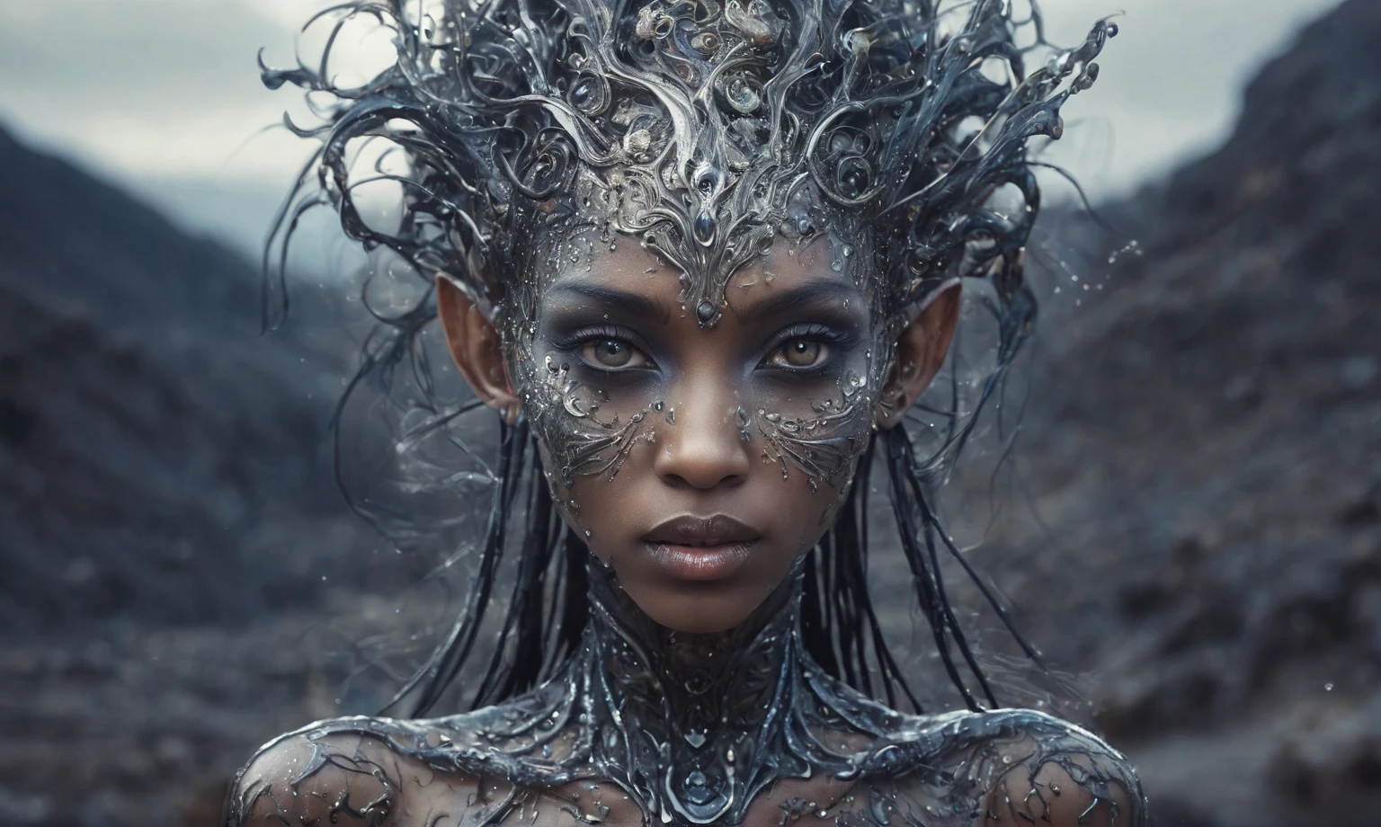 pretty face,eyebrow up,full body length shot,obsidian elf,full body length shot,very beggar niobium graphite The Alien Entity, babychild, wants eat,full body shot, of psychedelic style ,The iris looks weird, attractive, The stars in space is reflected in the pupil, goose down eyelashes, long wavy luminescent hair,insane baggy clothes,view from height,full-body-shot,High contrast,Masterpiece,Realistic,Ultra Detailed,intricate details,realistic humid skin,extremly intricate,realism,photorealism, cinematic style,irina yermolova,HDR,((Wangechi Quality)),ominous landscape,glate gray atmosphere,by art Simon Stalenhag,Nicola Samori,(((Wangechi Mutu))),prime colors,urban,extremely detailed,masterpiece,intricate details,faded,eyes extremely detailed, high detailed eyes,4k resolution,RAW, Nikon Z9,scary town,stalker,goblin,Dubai of United Arab Emirates,Mestichino,Light particles,marble leather ,ink photography ,Mestichino,Light particles,A civilization where humans are celestial being malewith infinite technology lives in multiverse with where hyperverse can be seen