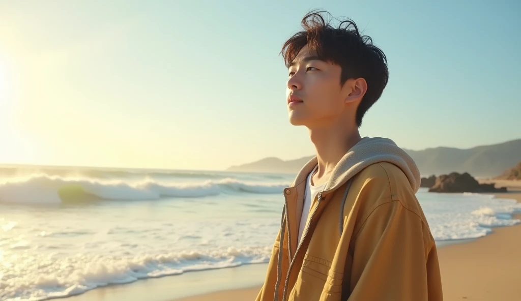 A Japanese male college student wearing stylish clothes looks into the distance with a bright expression.,Excited, Photo of your face, With a beautiful sea as a background, with a natural look, With a slightly tired look, tilt your face a little, Diagonal orientation, Average face