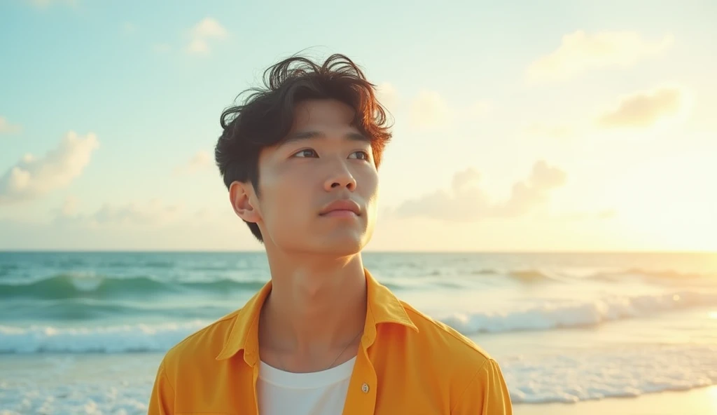A Japanese male college student wearing stylish clothes looks into the distance with a bright expression.,Excited, Photo of your face, With a beautiful sea as a background, with a natural look, With a slightly tired look, tilt your face a little, Diagonal orientation, Average face