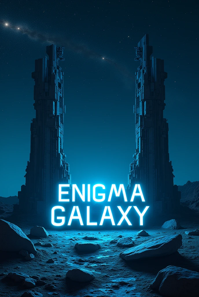 Floating geometrical shapes floating above ground on an otherworldly alien landscape where ancient ruins crafted from intricate 3D geometrical shapes stand as silent sentinels of a long-forgotten civilization. The words "ENIGMA GALAXY" with futuristic font is on the center of the landscape emerging from the ground and the letters are from dim blue neon lamps like a 3D neon logo sign and the glow is dim. It's night and the sky is pitch black full of sharp stars and planets. Realistic, hyperrealism, high resolution, extreme quality, volumetric lighting, extreme details, sharp details, photorealistic, 4k hdr