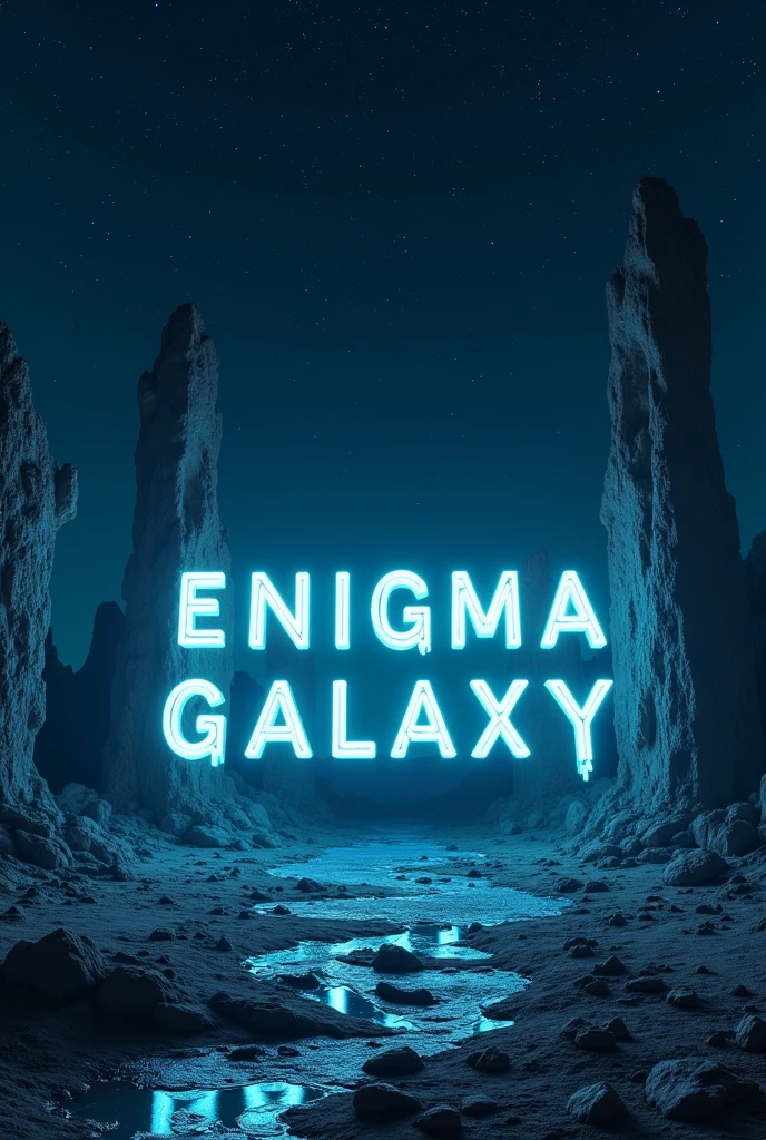 Floating geometrical shapes floating above ground on an otherworldly alien landscape where ancient ruins crafted from intricate 3D geometrical shapes stand as silent sentinels of a long-forgotten civilization. The words "ENIGMA GALAXY" with futuristic font is on the center of the landscape emerging from the ground and the letters are from dim blue neon lamps like a 3D neon logo sign and the glow is dim. It's night and the sky is pitch black full of sharp stars and planets. Realistic, hyperrealism, high resolution, extreme quality, volumetric lighting, extreme details, sharp details, photorealistic, 4k hdr