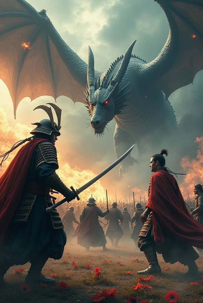 A medieval war where samurai attack the sensei masters reflected with dragons where it says in letters the apocalyptic war 
