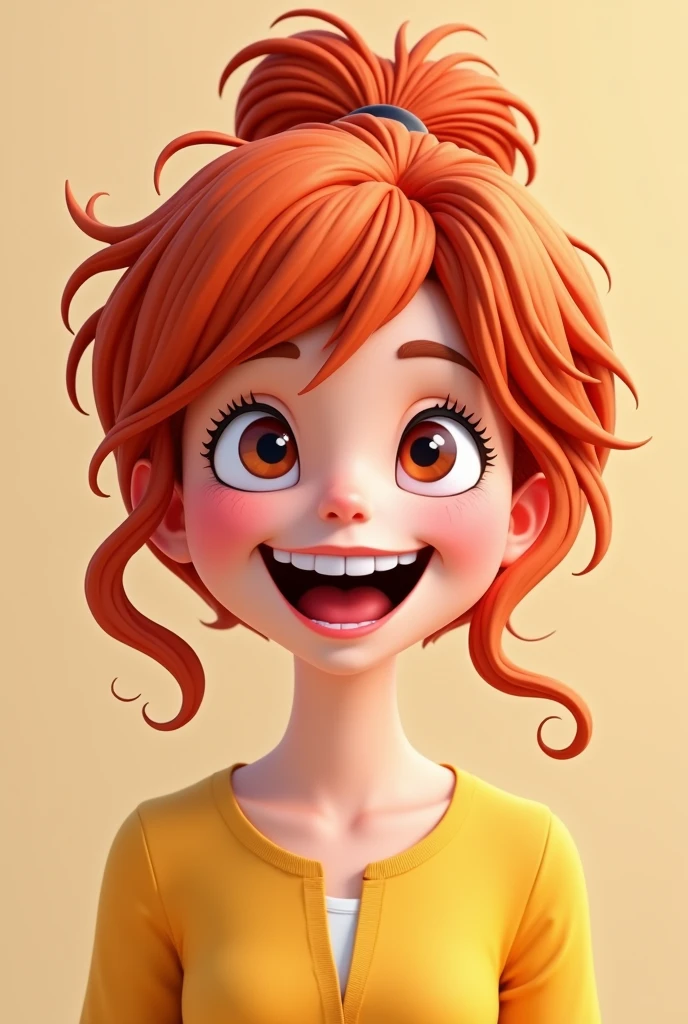  smiling redhead with bangs, fly away, small 3d cartoon style without background in the photo