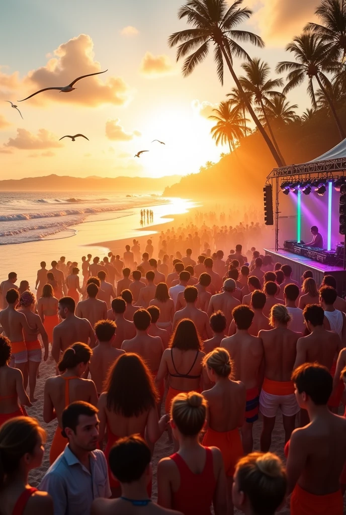 at the sunrise on a beach with palms. People are dancing and a dj is playing music