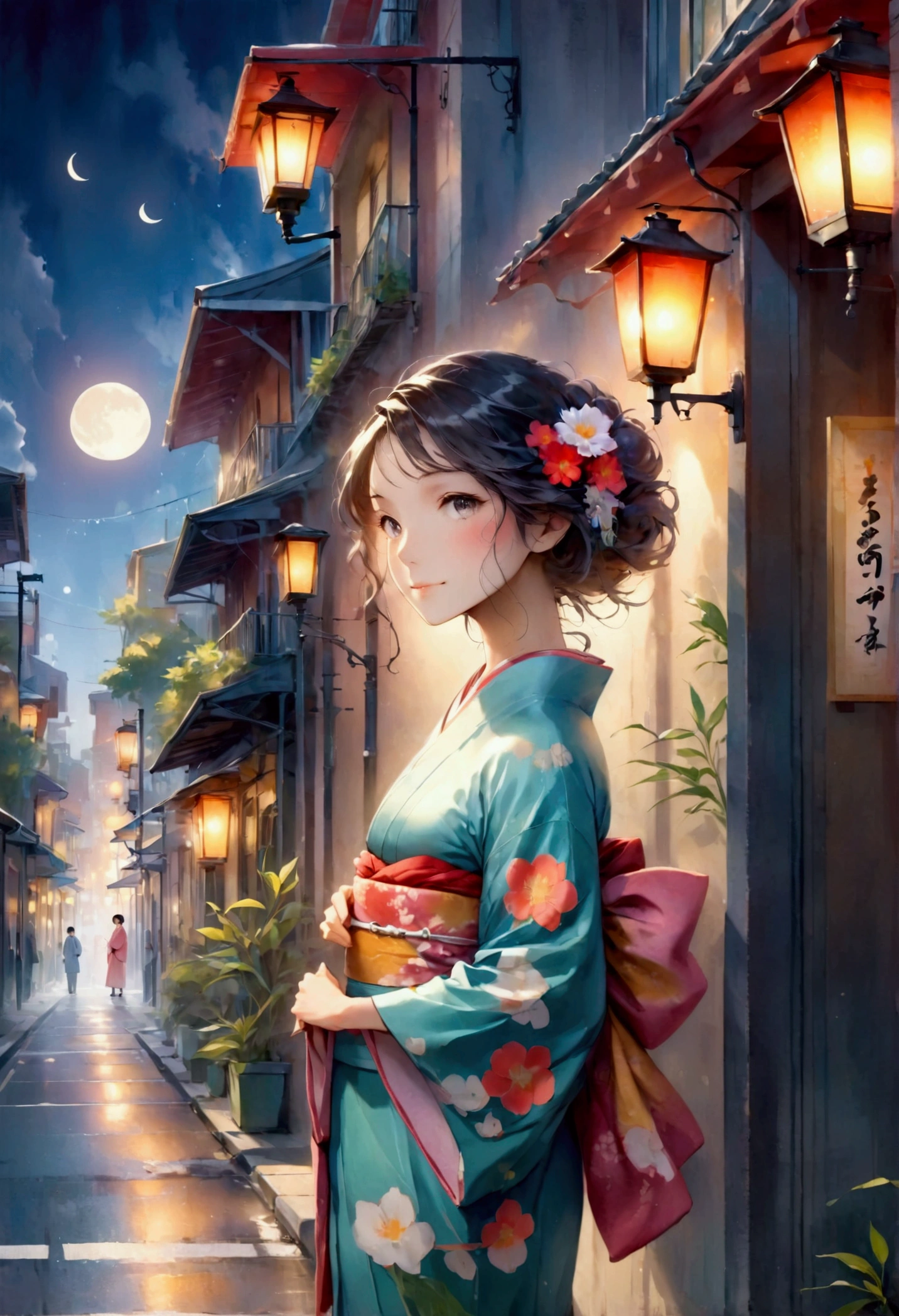 Studio Ghibli Style、Under the crescent moon、New Orleans street corner、A beautiful Japanese woman in a kimono leans against a gas lamp　A sad and gentle smile