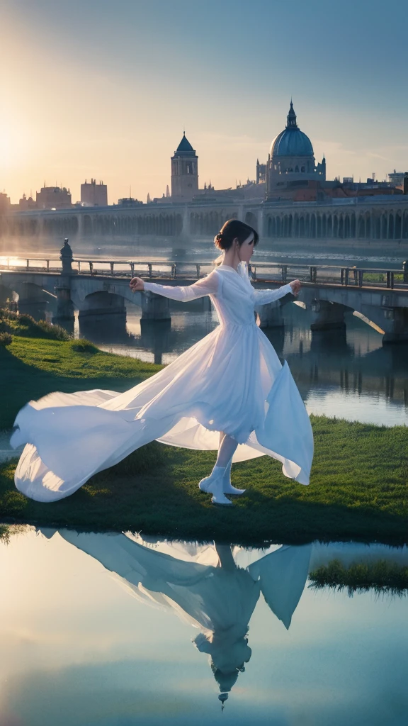 (Watercolor style, Ghost Art) + A majestic river with panoramic views + Costume bag (Overlooking) + (flow + Subtle reflection) + (blend + Splash) + (Light and shadow are clear + Swinging Dynamic)
