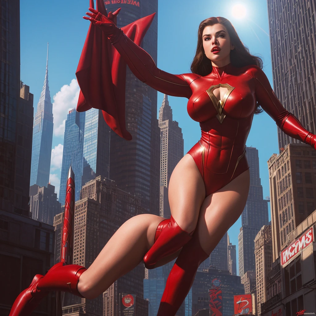 John Busema (John Buscema) Best Style ,A powerful female superhero wearing red, In the sky of a bustling metropolis,She is beautiful and sexy,Overlooking everything(whole body) Cinematic, Ultra Detailed, 16k resolution):