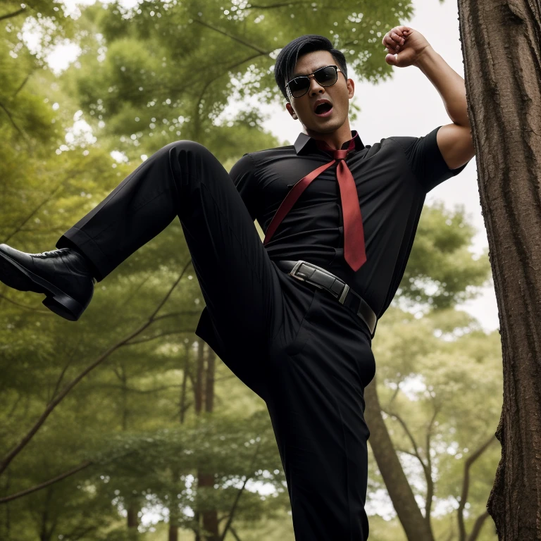 33 years old,One Man,、Black Shirt、Red tie、Black gloves、Forest、On the tree、karate、Combat pose　logic, ,Black Hair、Very short hair、undercut、Handsome fighter　Asian Face　Stubble、The crotch area of your trousers is bulging　Black sunglasses　Seen from below　Beaten and screaming