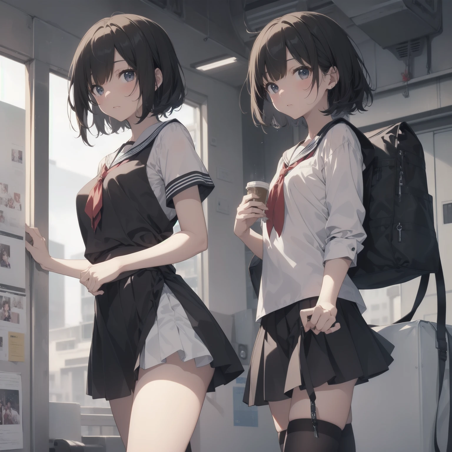 ultra-absurdres-Top quality by artist God, ultra-detailed, high resolution, anime moe artstyle, best anime 8k konachan wallpaper, pixiv contest winner, pool:2810, perfect anatomy,break, 1girl, (Please draw a girl walking sleepily to school alone. )break,(Solo,little female, 13-year-old:1.3),Full limbs, complete fingers,a junior high school student, (very short hair), short cut, flat chest, , small butt, small black eyes, beautiful detailed eyes, well-proportioned iris and pupils, expressive eyes, highres detailed hair, soft expression, salor school_uniform, sailor collar, serahuku, bow, pleated skirt,(Detailed Lighting), (Detailed background), in the School commute route. break,super detailed skin, Best cinematic lighting powered by famous artist, 8k,beauty illustration,photoshop_(medium),very aesthetic,break,((artist:shimazaki_mujirushi )), artist:clamp ,artist:carnelian ,artist:kantoku ,
